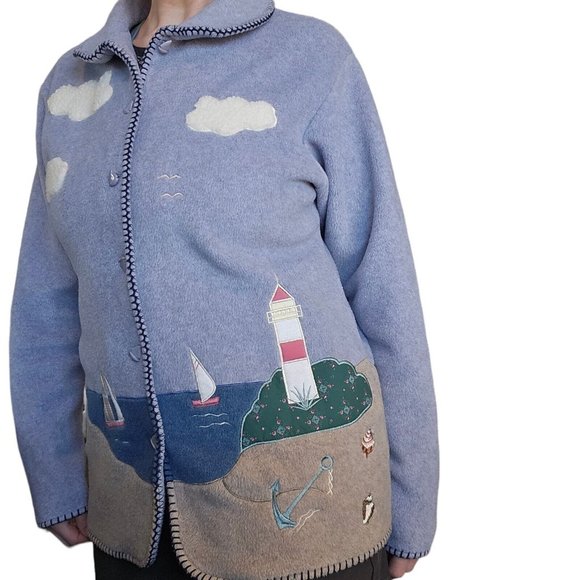 Retro 90s Coastal‎ Grandma Lighthouse Fleece Jacket Nautical S/M Beach Sailboat - Picture 5 of 14